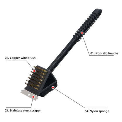 3-in-1 BBQ Grill Cleaning Brush with Copper Wire, Scrubber, and Scraper